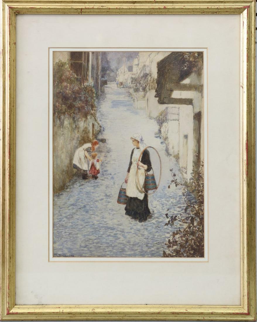JOHN WHITE WATERCOLOR ON PAPER: John White (British, 1851-1933) watercolor on paper depicting a street scene with villagers. Signed lower left. Measures 14 1/2" x 10 3/4" + 4" frame.