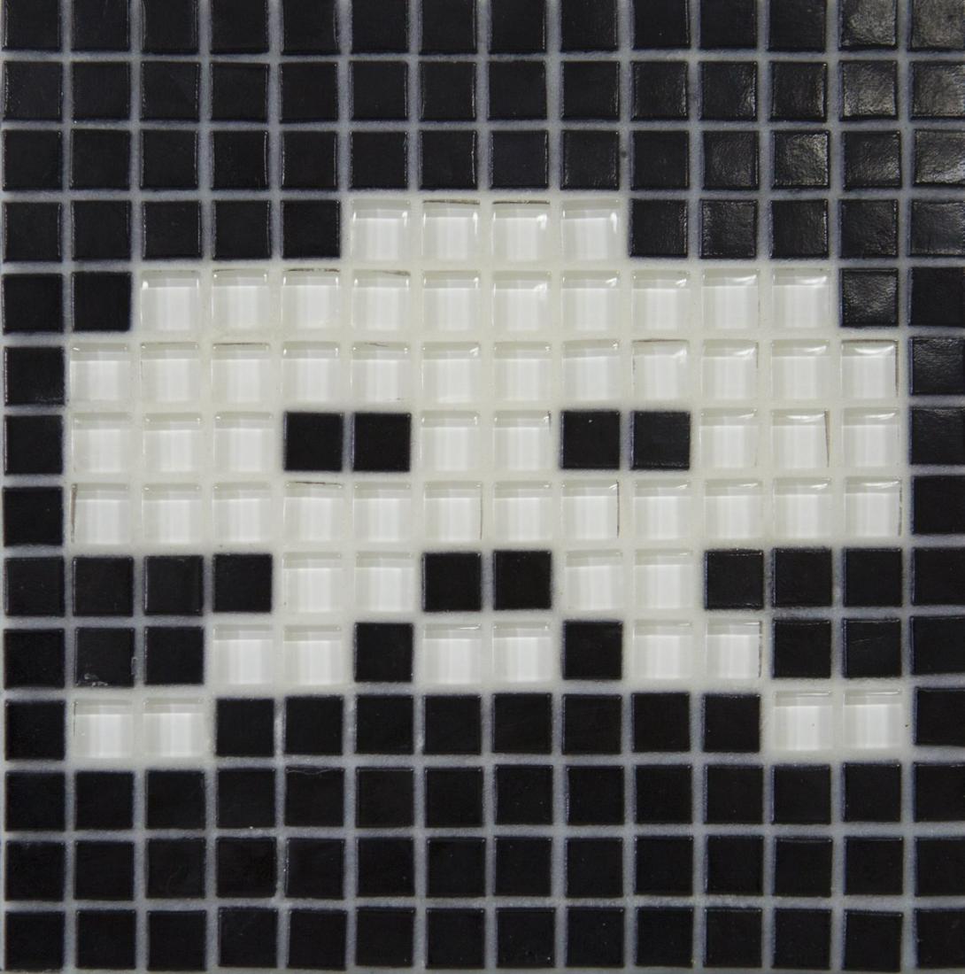 SPACE INVADER MOSAIC PLAQUE: Mosaic tile plaque depicting a character from an 8-bit video game. In the manner of Invader (French, b. 1969). Signed to verso over a teal blue ground. Measures 6 1/8" square.