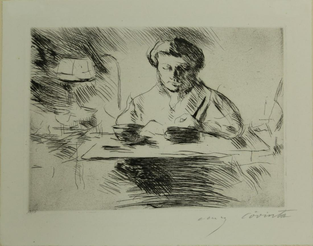 LOVIS CORINTH 'DIE GATTIN' ETCHING: Lovis Corinth (German, 1858-1925) etching depicting a man seated at his desk. Titled 'Die Gattin (Wife of the Artist)', 1918. Pencil signed lower right. Numbered 12/50 lower left. Measures 12 1/2" x 1