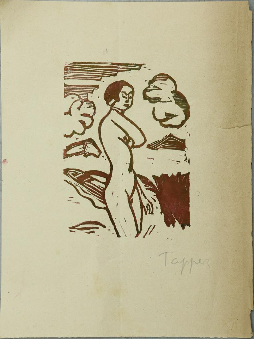 GEORG TAPPERT 'NUDE FEMALE' WOODCUT: Georg Tappert (German, 1880-1957) woodcut print on paper depicting a nude female. Pencil signed lower right. Measures 8 1/4" x 6".