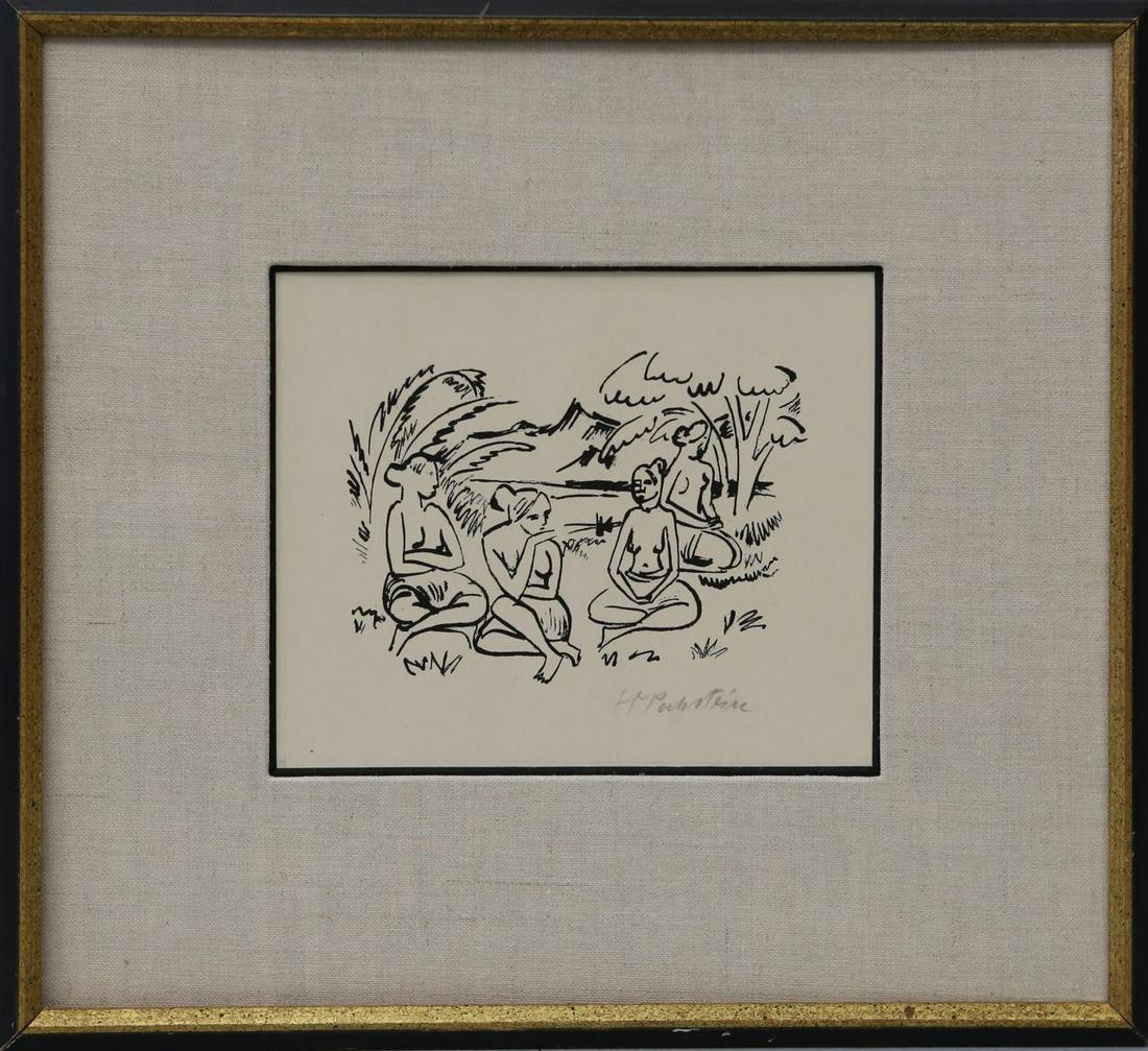 MAX PECHSTEIN 'SEATED NUDE WOMEN' LITHOGRAPH: Max Herman Pechstein (German, 1881-1955) lithograph depicting four seated nude women. Plate 49. Published by Paul Cassirer. Pencil signed lower right. Measures 8 1/2" x 7" + 4" mat & frame.