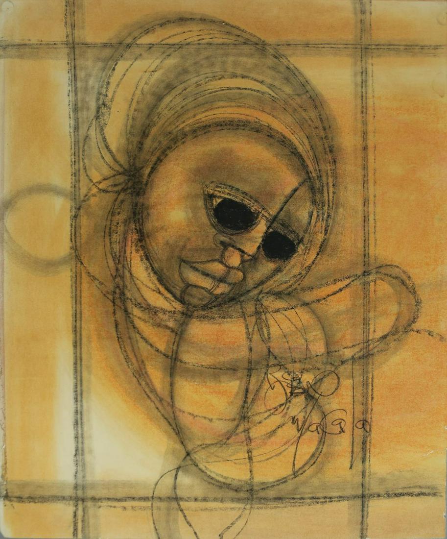 BEN WAGG MIXED MEDIA ON PAPER: Ben Wagg (Canadian, 20th C) mixed media on paper depicting an abstract figure. Signed lower right. Measures 24" x 20".