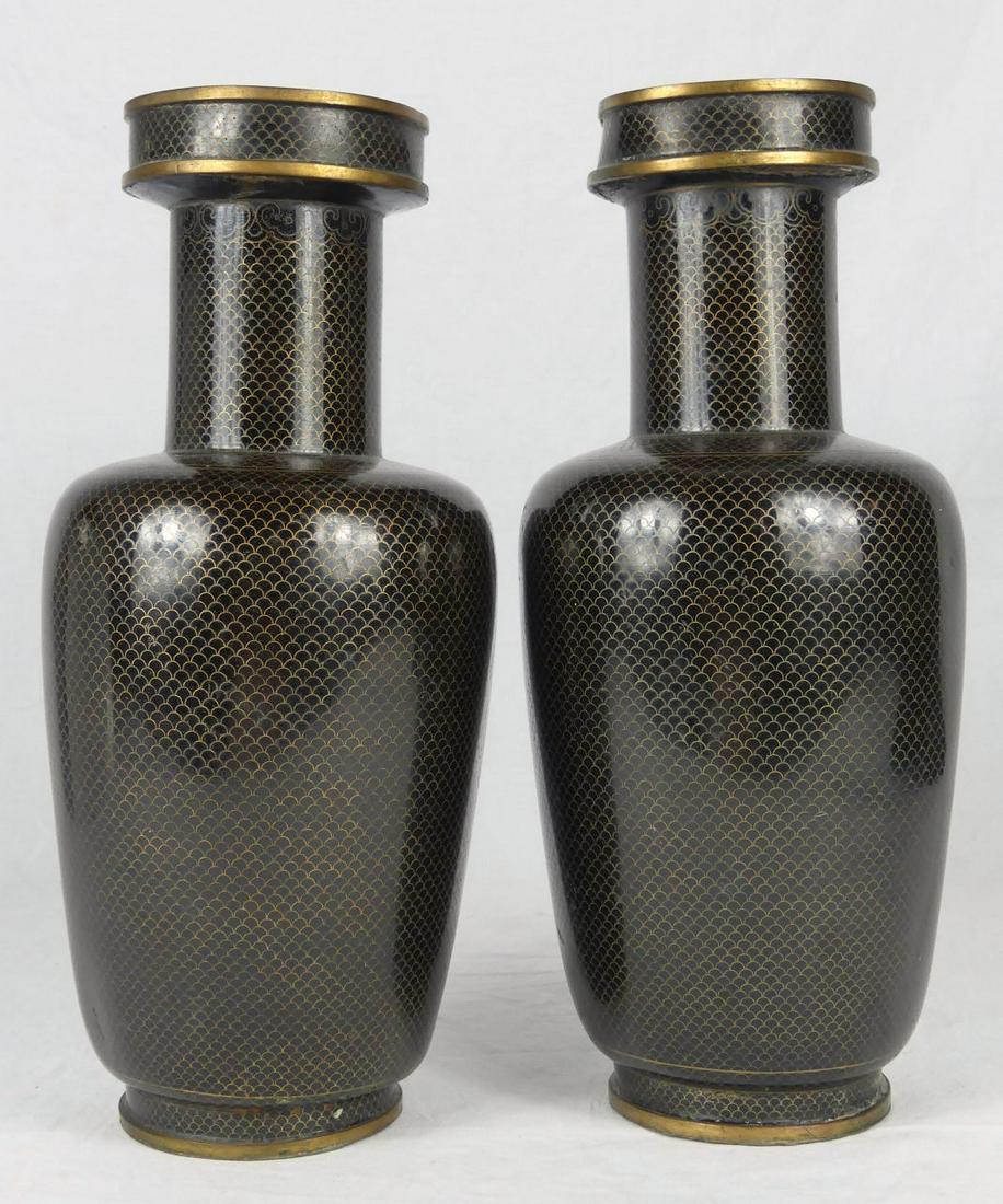 PR CHINESE ANTIQUE FISHSCALE CLOISONNE VASES: Pair of antique Chinese cloisonne vases having a gold fish scale pattern over a black ground. Each measures 12" height.