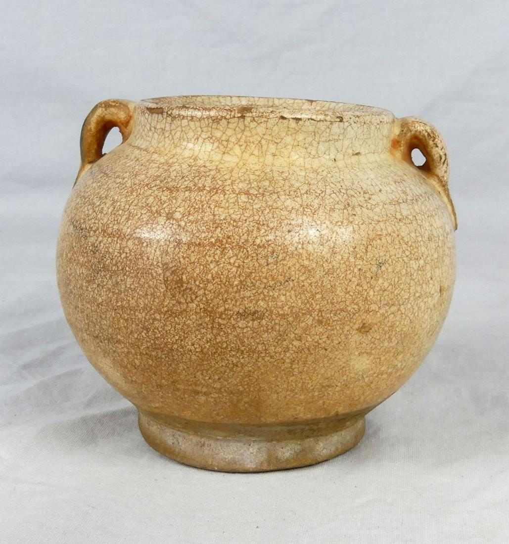 CHINESE GE WARE BULBOUS VASE: Chinese Ge ware crackle vase of bulbous form with twin handles. Measures 3 1/2" width x 3 1/4" height.