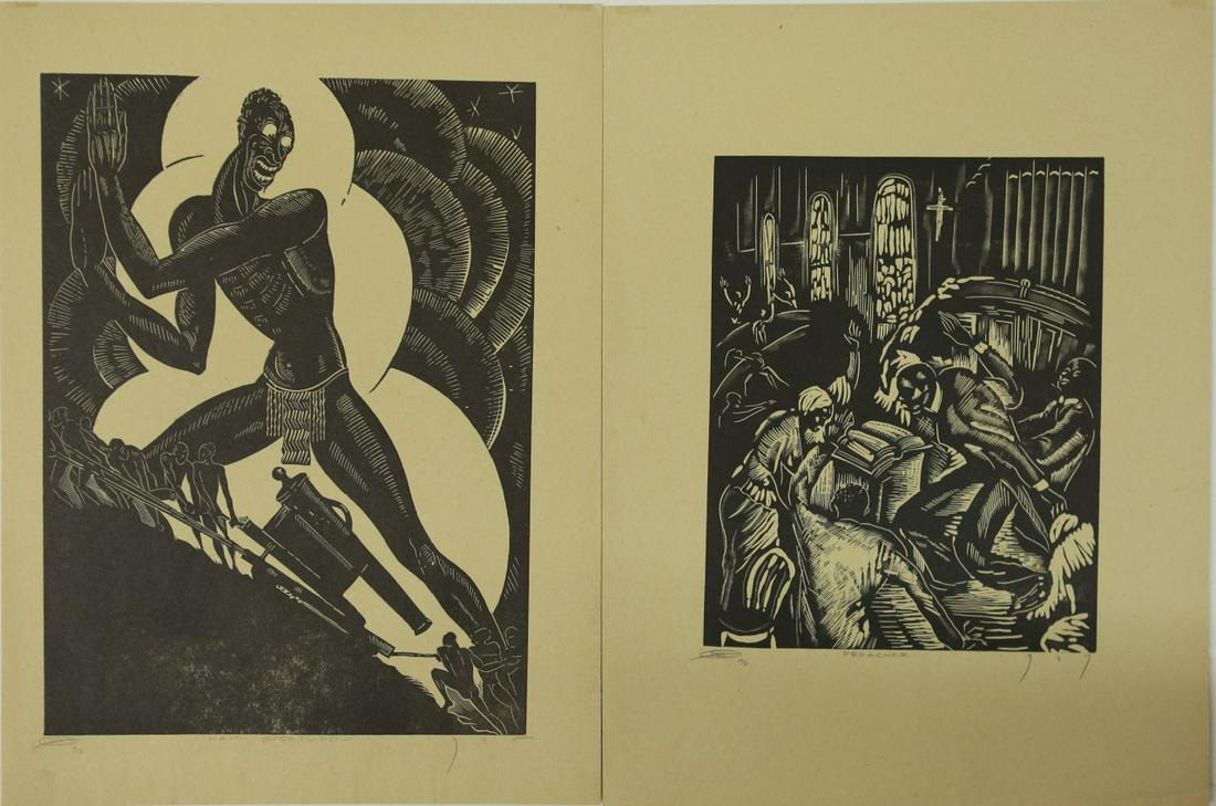 2pc E.M. WASHINGTON ARTIST PROOF WOODCUT PRINTS: Set of 2 woodcut prints by Earl M. Washington (American, 1862-1952).Includes 'Preacher' and 'Haiti Overthrow'. Each signed and inscribed A/P lower left. Titled lower center and dated lower right. Each