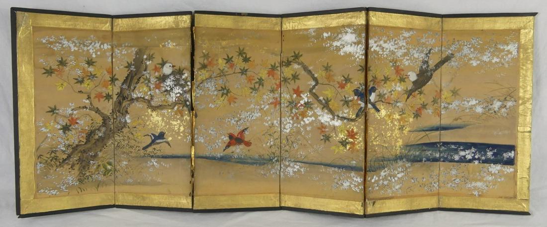 CHINESE HAND PAINTED 6-PANEL TABLE SCREEN: Chinese six panel table screen depicting a landscape with trees and birds. Each panel measures approx 14 1/2" x 6 1/4".