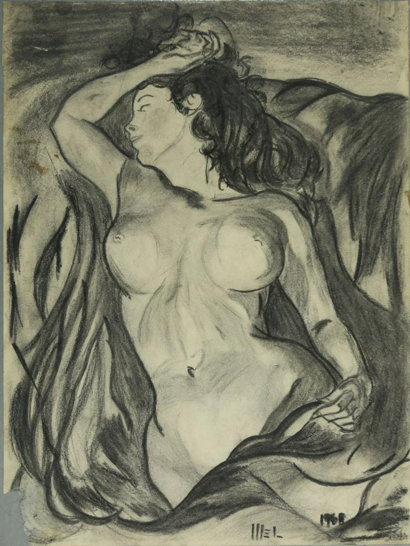 PENCIL & GRAPHITE ON PAPER 'RECLINING NUDE' SIGNED: Vintage pencil and graphite drawing on paper depicting a reclining nude. Signed Mel and dated 1968 lower right. Measures 16" x 12".
