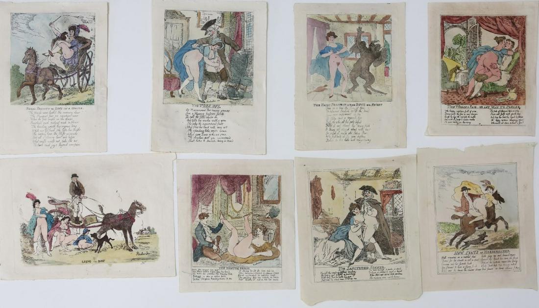 8pc THOMAS ROWLANDSON SATIRICAL ETCHINGS: 8 satirical etchings by Thomas Rowlandson (English, 1756-1827). All erotic, most with nudes and most signed and dated 1799 in the plate. Largest measures 10 1/2" x 7 3/8".