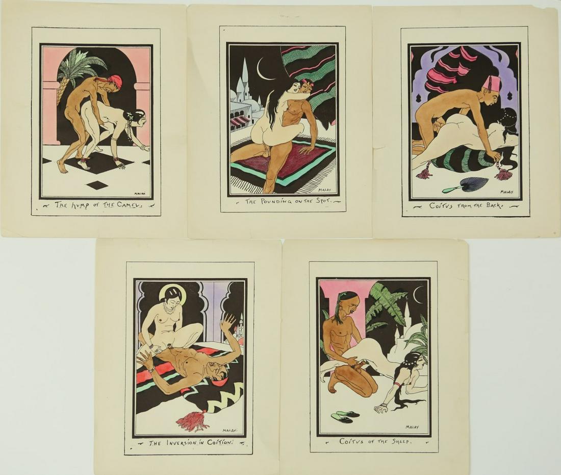 5pc JOSEPH MALAY EROTIC WOODCUT PRINTS: 5 wood cut prints by Joseph Malay. Depicting mages of Middle Eastern Persian/Arabian artwork. Each signed in the plate lower right. Includes 'The Hump of the Camel', 'The Pounding on the Spot', 'The I