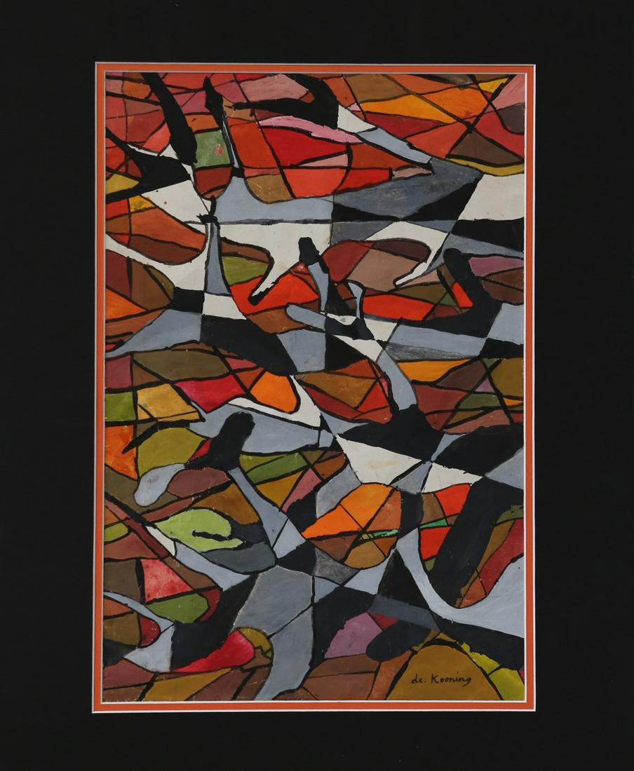 WILLEM DE KOONING [manner] OIL PAINTING ON PAPER: Oil painting on paper in the manner of Willem de Kooning (American, 1904-1997). Signed lower right. Holds Peruvian stamps and markings to verso. Measures 19" x 12 3/8" + 3" mat.