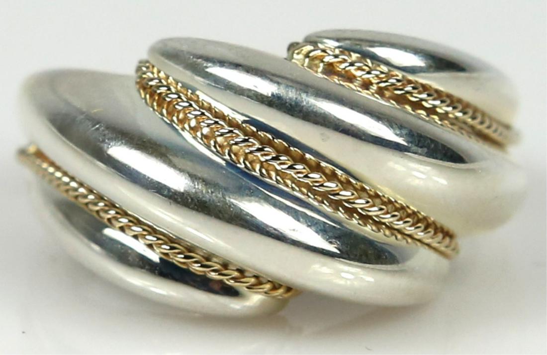 TIFFANY STERLING 14kt YELLOW GOLD RING: Tiffany and Company sterling silver ring with 14kt yellow gold twisted accents. Marked T & Co, 925, 585. Ring size 8.