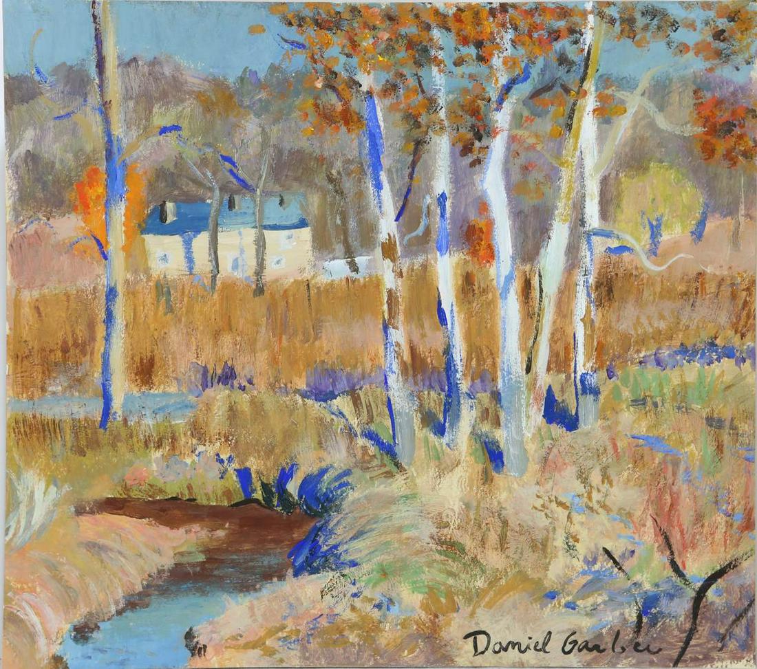DANIEL GARBER [manner] OIL PAINTING ON PAPER: Oil painting on paper depicting a landscape with house in the manner of Daniel Garber. Signed lower right. Measures 8 1/2" x 7 1/2".