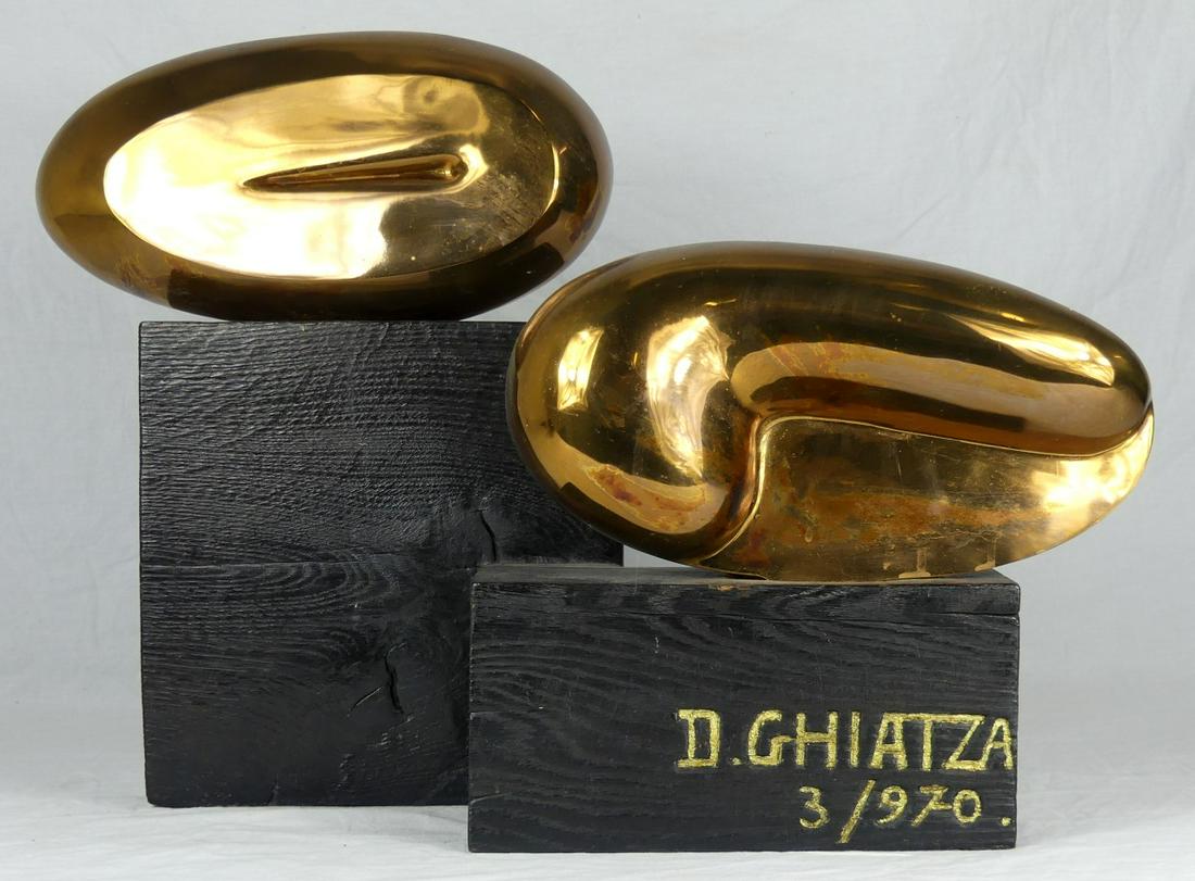 DANIEL GHIATZA EROTIC BRONZE SCULPTURE: Daniel Ghiatza (French, 20th C) erotic bronze sculpture on wooden base. Depicts a phallus and vagina, each mounted on a single tiered wooden base. Signed and dated March 1970. Each bronze sculpture me