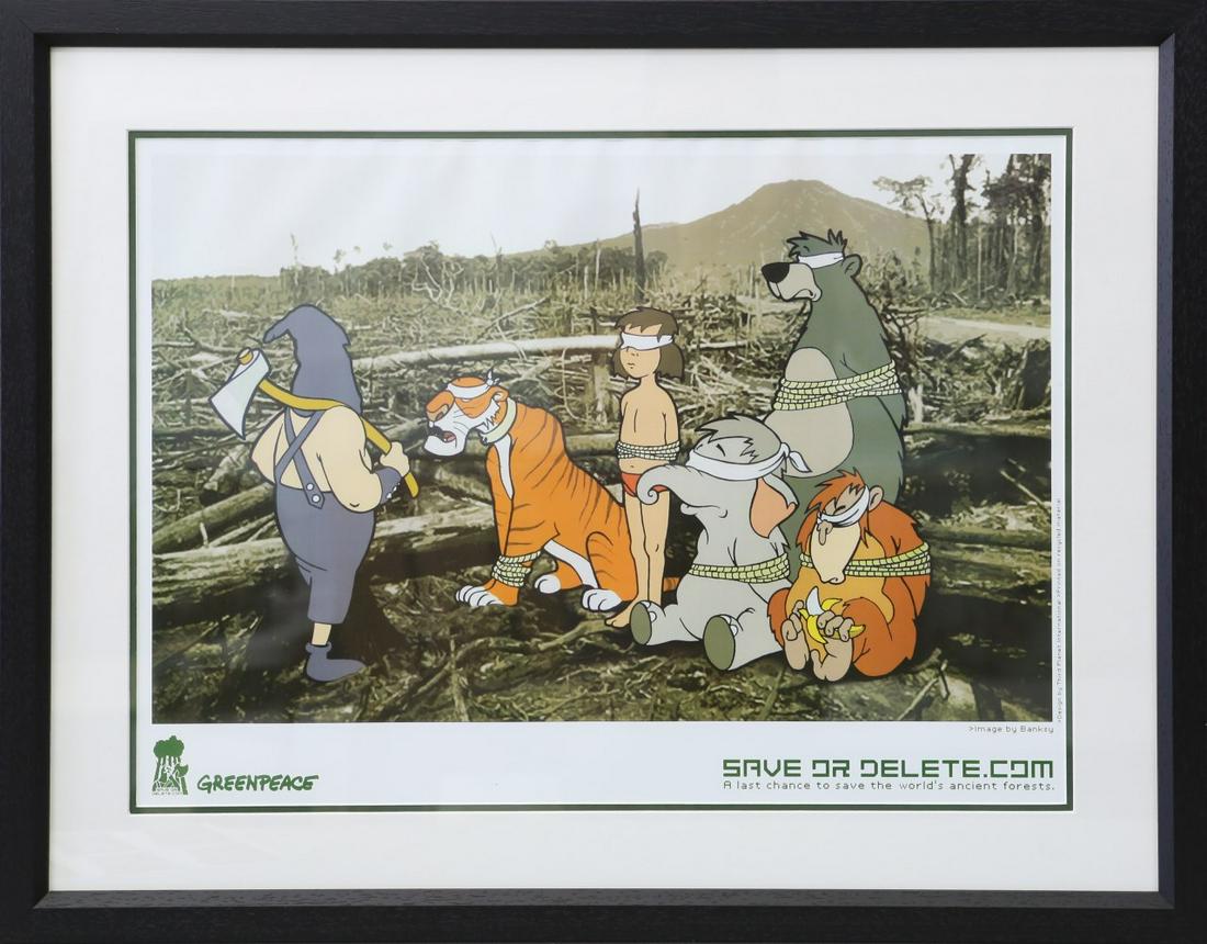 2pc BANKSY GREENPEACE POSTER & STICKER SET: Banksy (United Kingdom b. 1974), "Save Or Delete" 2002 offset lithograph in colors on recycled paper. Depicts some of the main characters from Disney's 'The Jungle Book' which were then transposed on 