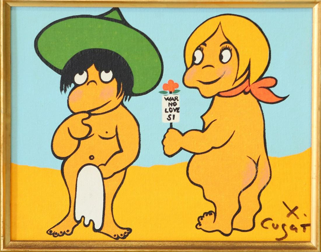 XAVIER CUGAT 'MAKE LOVE, NOT WAR' OIL ON BOARD: Xavier Cugat (Spanish/Cuban/American, 1900-1990) oil painting on masonite depicting two nude figures. Signed lower right. Original exhibit label to verso. Measures 9 1/2" x 7 1/2" + 2 7/8" frame.