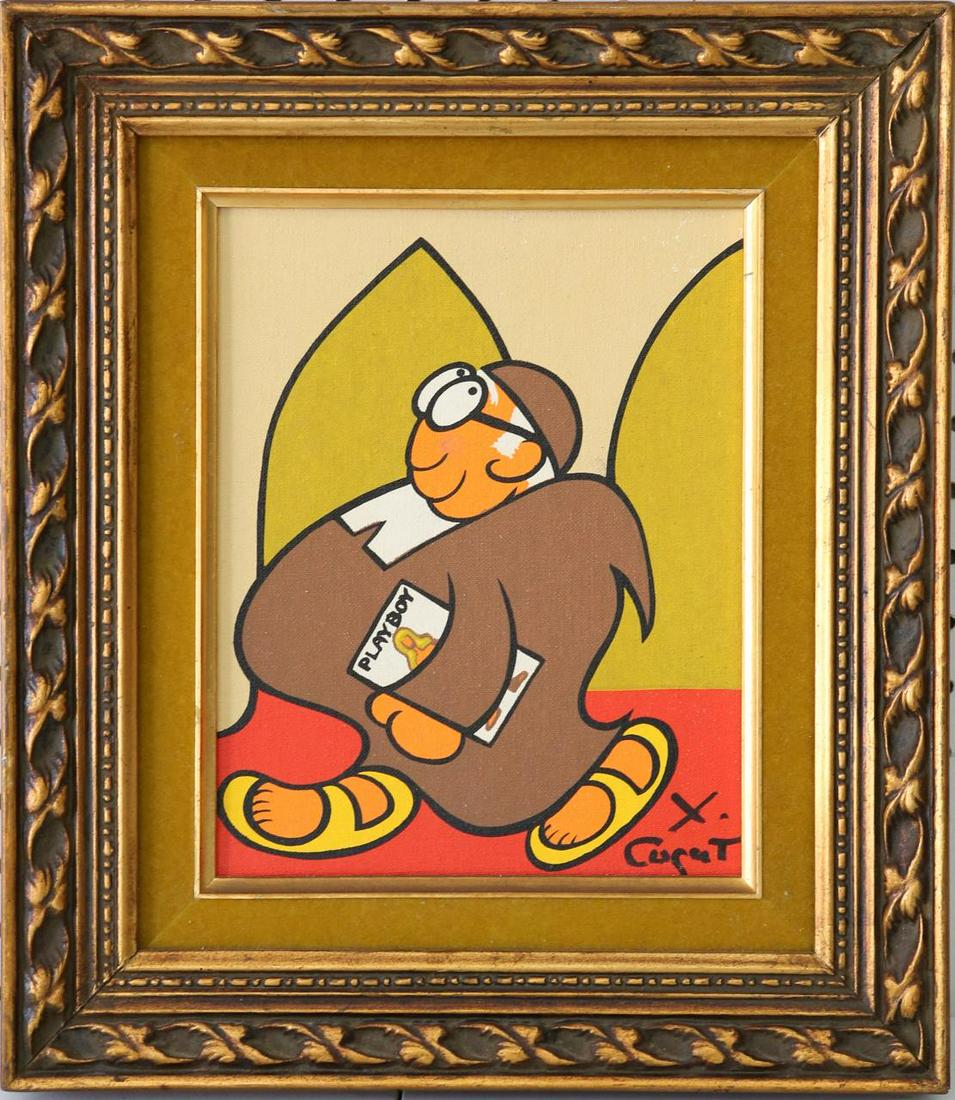 XAVIER CUGAT 'MONK w PLAYBOY' OIL ON BOARD: Xavier Cugat (Spanish/Cuban/American, 1900-1990) oil painting on board depicting a Monk with Playboy magazine. Signed lower right. Holds original exhibition label to verso. Measures 9 1/2" x 7 1/2" + 