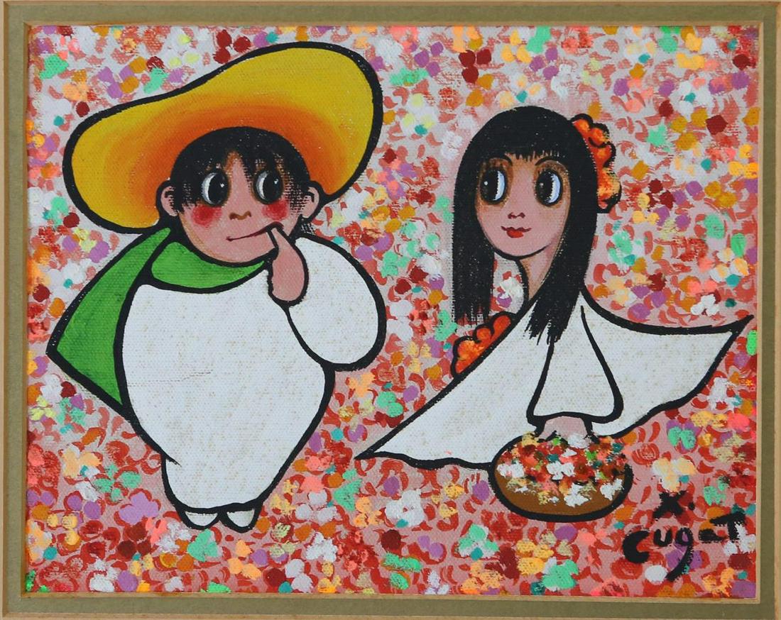 XAVIER CUGAT 'FIGURES w FLOWERS' OIL ON CANVAS: Xavier Cugat (Spanish/Cuban/American, 1900-1990) oil painting on canvas depicting two figures surrounded by flowers. Signed lower right. Measures 9 1/2" x 7 1/2" + 3 1/2" frame.
