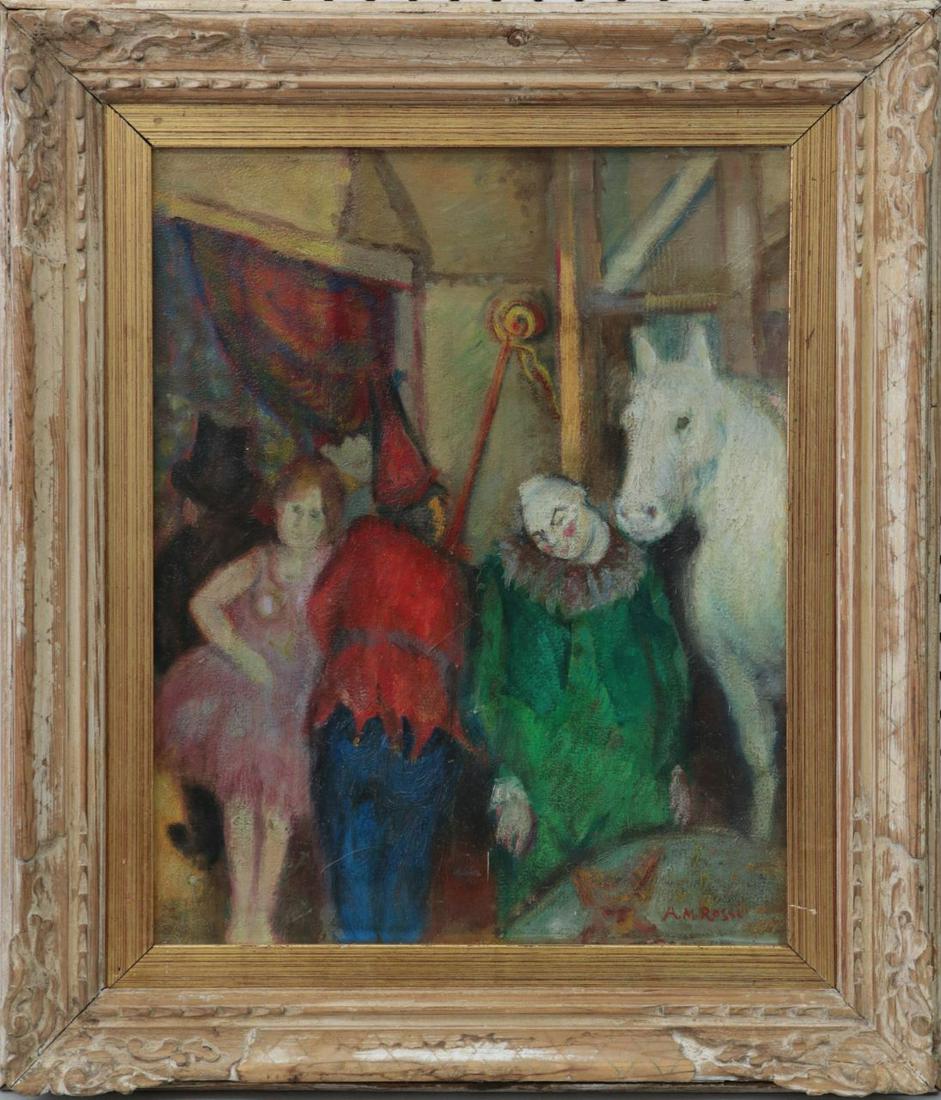 ALBERTO MARIA ROSSI 'CIRCUS FIGURES' OIL ON BOARD: Alberto Maria Rossi (Argentinean, 1879-1965) oil painting on board depicting circus figures. Signed lower right. Wildenstein Arte label to verso. Measures 19 1/2" x 15 1/4" + 3 1/2" frame.