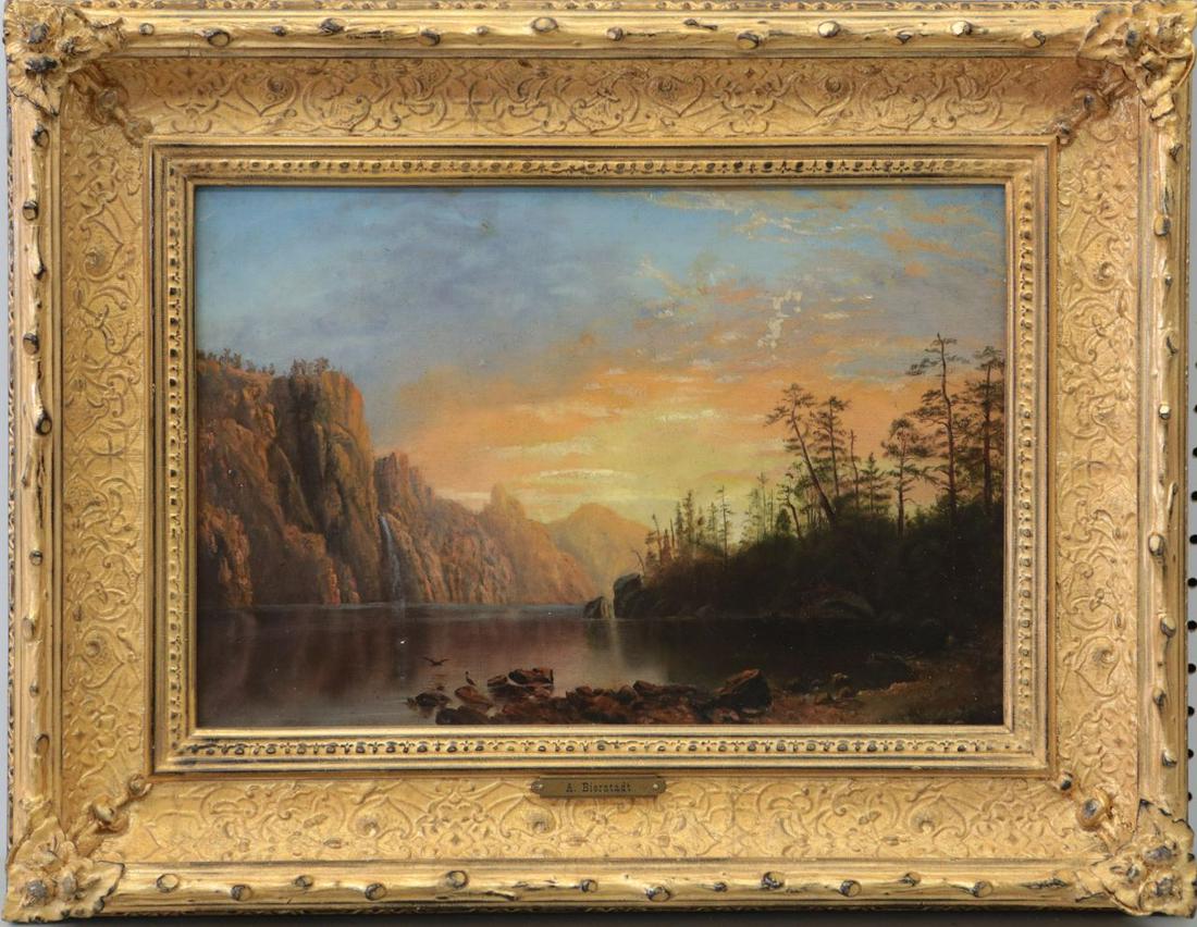 CALIFORNIA SUNSET OIL PAINTING ON CANVAS: Oil painting on canvas depicting a California Sunset. Brass plaque lower center inscribed A. Bierstadt. Monogrammed AB to verso (lower stretcher bar). Measures 17 1/2" x 11 3/4" + 4" frame.
