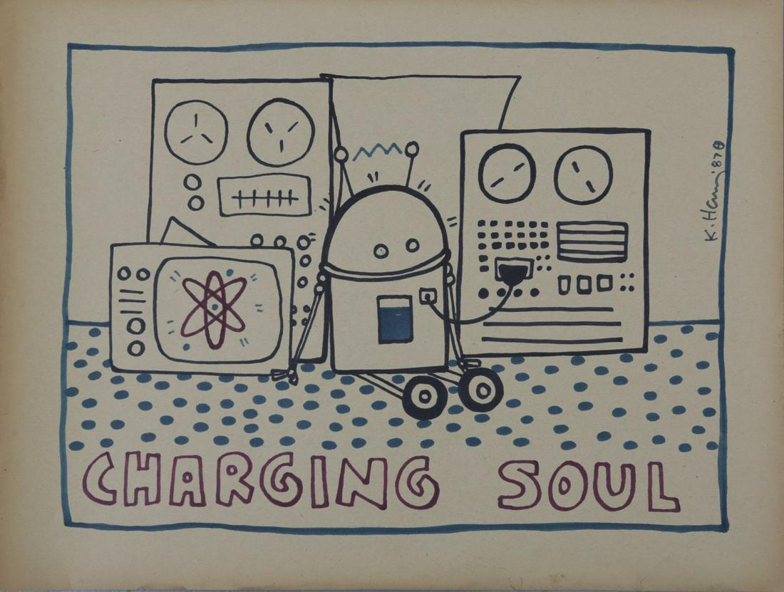KEITH HARING 'CHARGING SOUL' MARKER ON PAPER: Manner of Keith Haring (American, 1958-1990) marker drawing on paper depicting a seated robot plugged into a charging station. Signed and dated 1987 upper right. Measures 19 3/4" x 14 3/4".