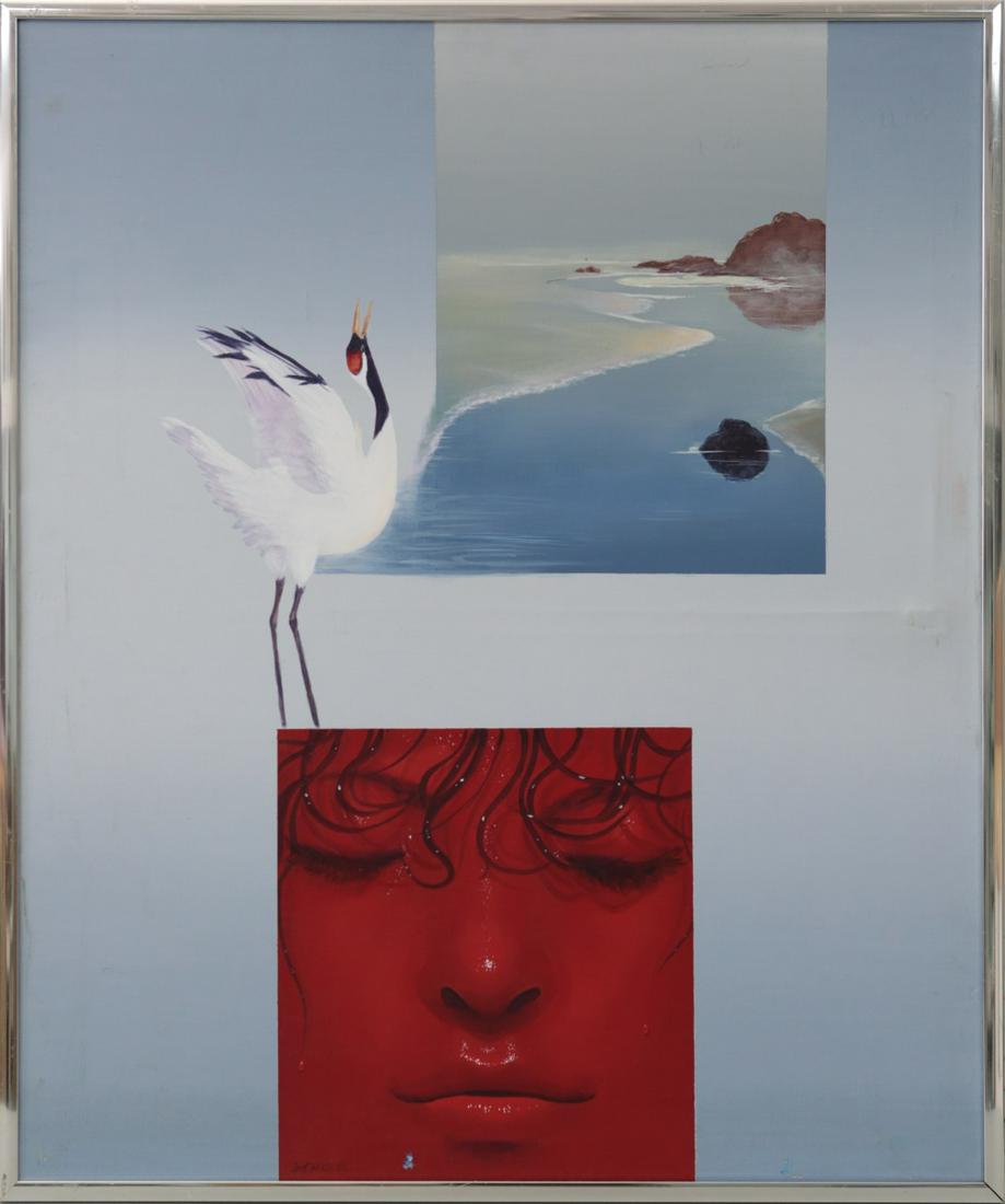 JOY CAROS 'ONCE UPON A TIME' OIL ON CANVAS: Joy Caros (American, b. 1932) modern oil painting on canvas. Signed, titled and dated May 1986 to verso. Measures 35 1/2" x 29 3/4" + 5/8" frame.