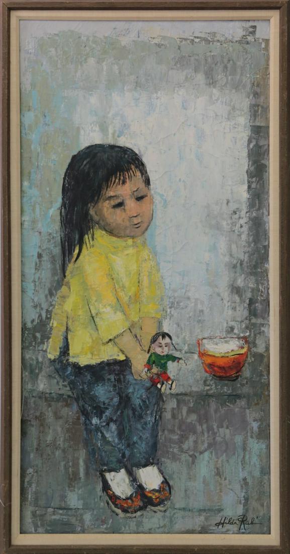 HILDA RUBIN 'GIRL WITH DOLL' OIL PAINTING / CANVAS: Hilda Rubin Pierce (Austrian/American, b. 1922) oil painting on canvas depicting a girl with doll. Signed lower right. Measures 35 1/2" x 17 3/8" + 1 1/4" frame.