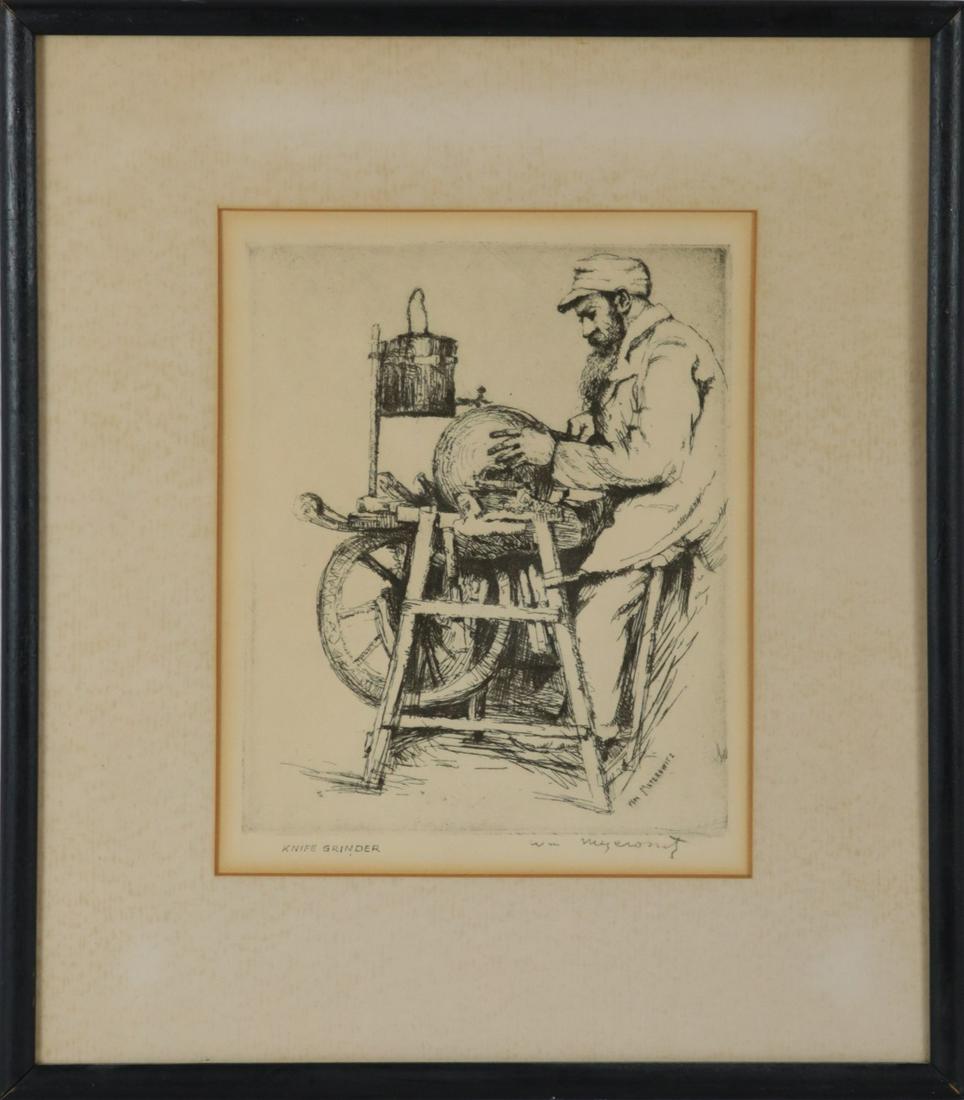 WILLIAM MEYEROWITZ 'KNIFE GRINDER' ETCHING: William Meyerowitz (Ukranian/American, 1887-1981) etching depicting a seated gentleman grinding a knife. Pencil signed lower right. Titled lower left. Measures 8 3/4" x 7" + 2 3/4" mat & frame.