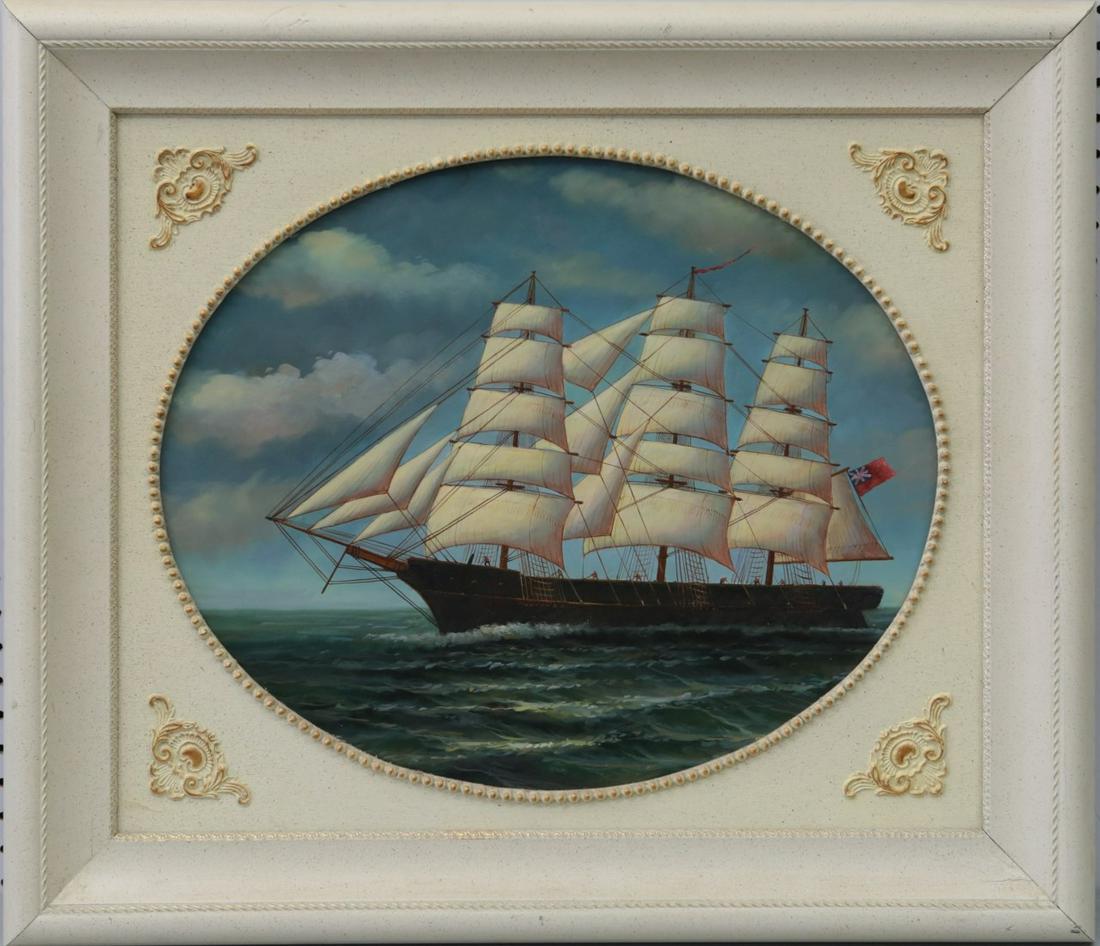OIL PAINTING ON CANVAS OF BRITISH SHIP: Oil painting on canvas depicting a ship at sea with British Red Ensign flag. Measures 21 1/4" x 17 1/2" + 4 1/4" frame.