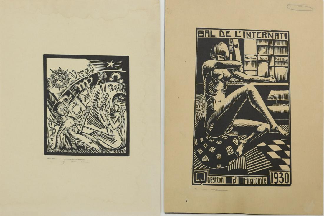 2pc EM WASHINGTON EROTIC WOODCUT PRINTS: Two woodblock prints by Earl M. Washington (American, 1862-1952). Includes Virgo and Bal de L'internat. Each pencil signed lower left. Each sheet measures 12" x 9".