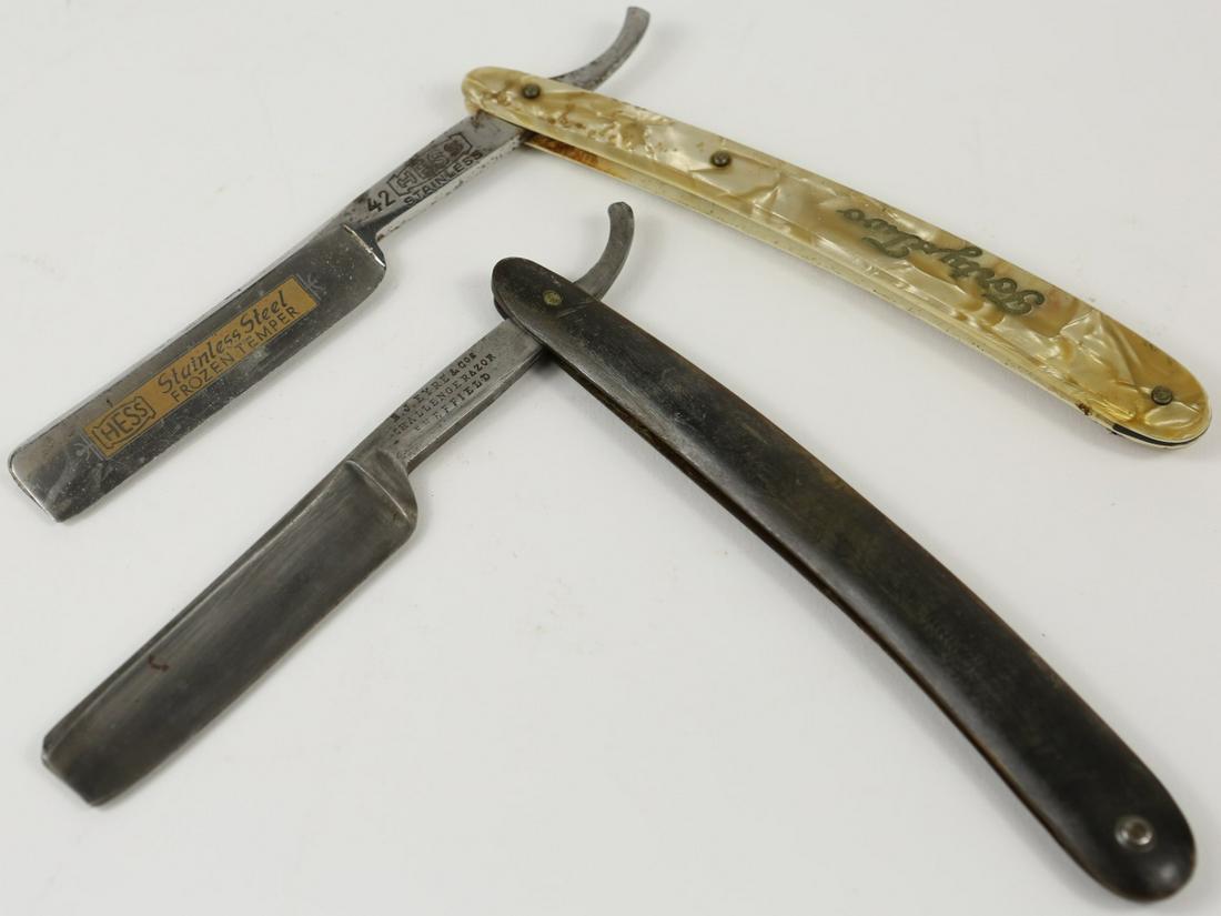 2pc STRAIGHT EDGE RAZORS: HESS & BJ EYRE: Two straight edge razors. Hess Hair Milk Laboratories with pearlized handle. B.J. Eyre & Co Challenge Razor Sheffield with horn handle. Each measures 6" to 6 1/4" closed.