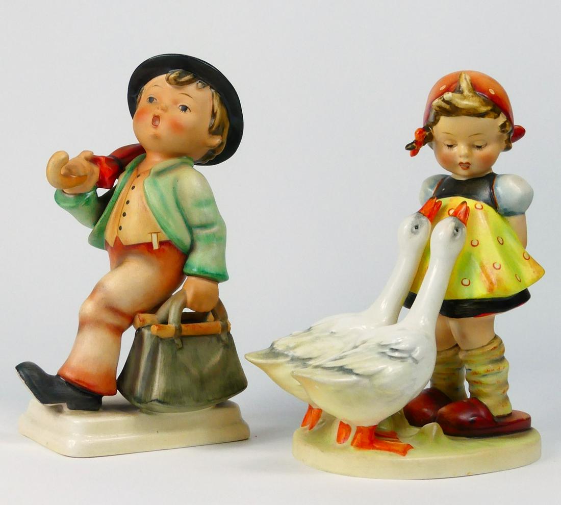 2pc HUMMEL MERRY WANDERER & GOOSE GIRL TMK-2: 2 Hummel porcelain figurines including Merry Wanderer and Goose girl. Each holds full bee mark to underside and measures approx 7 1/2" height. Wanderer possibly TMK-1.