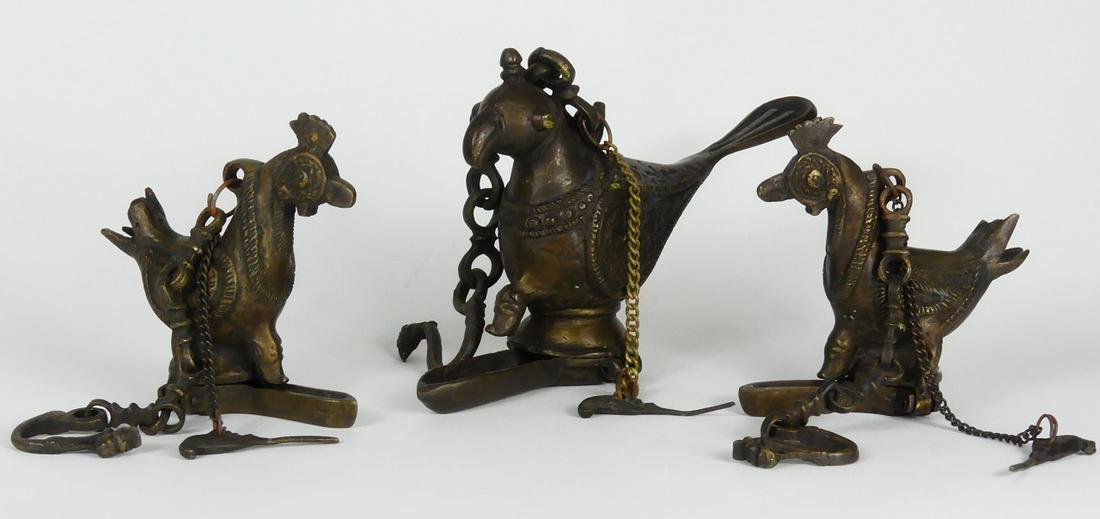 3pc MUGHAL BRONZE INCENSE BURNERS: Three Mughal Indian bronze incense burners in the form of birds. Largest measures 10" length x 5" height + 6" chain.