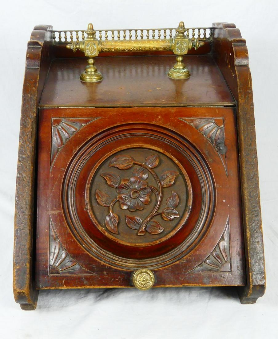 VICTORIAN WOOD & BRASS BREAD BOX: Victorian carved wood bread box with brass handle and pull. Measures 18" length x 13" height x 13" width.