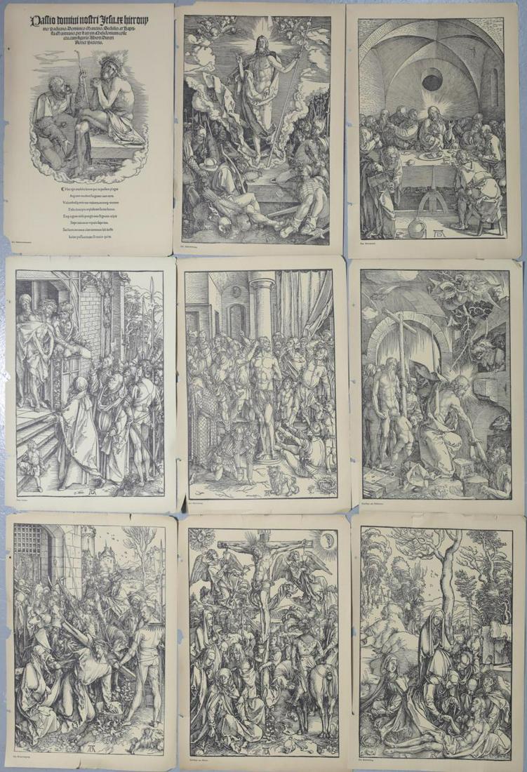 9pc ALBRECHT DURER WOODBLOCK PRINTS: Group of nine Albrecht Durer woodblock prints. Includes Der Schmerzensmann, Christus am Kreuz, Die Beweinung, Die Kreuztragung, Christus am Hollentor, Die Geilseiung, Ecce Homo, Das Abendmahi and Die 