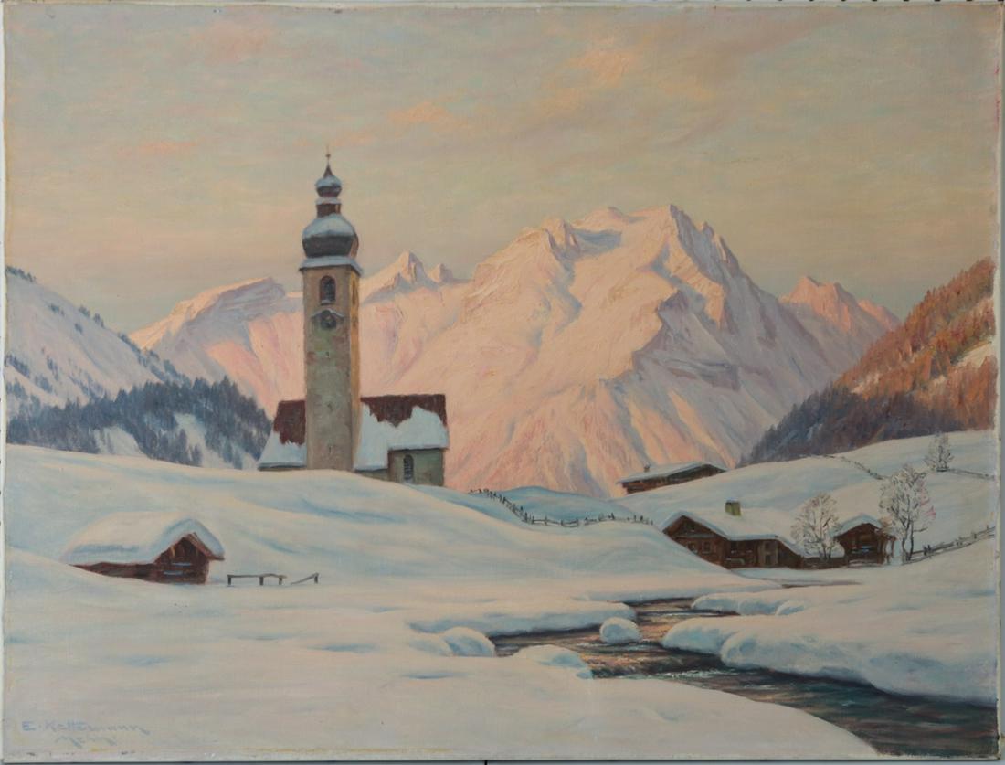 ERWIN KETTEMANN LANDSCAPE OIL PAINTING ON CANVAS: Erwin Kettemann (German, 1897-1971) oil painting on canvas depicting a mountainous winter landscape with pink and blue tones. Signed lower left and inscribed Mehn. Measures 31 1/2" x 23 5/8".
