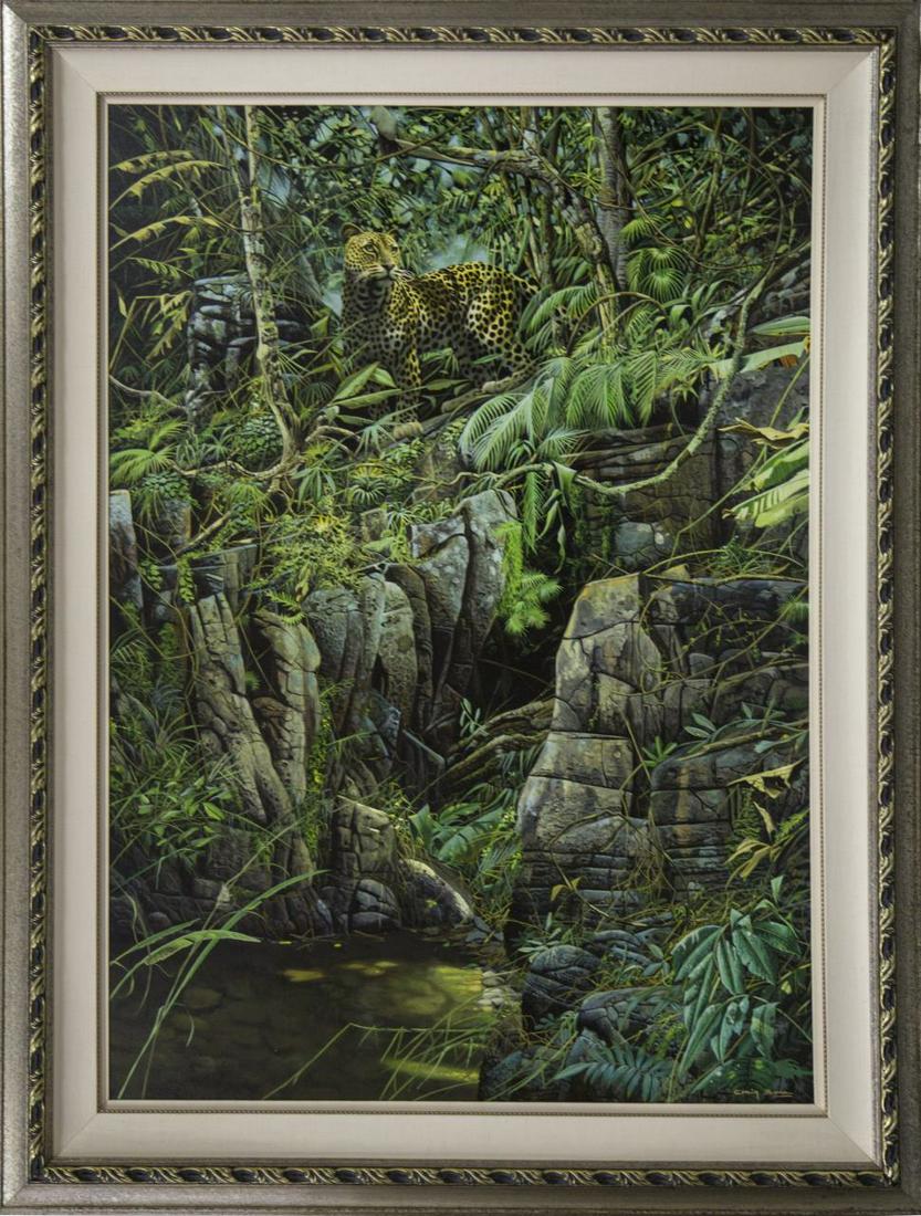 CRAIG BONE 'MOUNTAIN LAIR' OIL PAINTING CANVAS: Craig Bone (Florida/Zimbabwe, b. 1955) oil painting on canvas depicting a leopard in a lush African jungle. Signed lower right. Titled 'Matoroshanga Mountain Lair'. Measures 65 1/2" x 45 1/2" + 7" fra