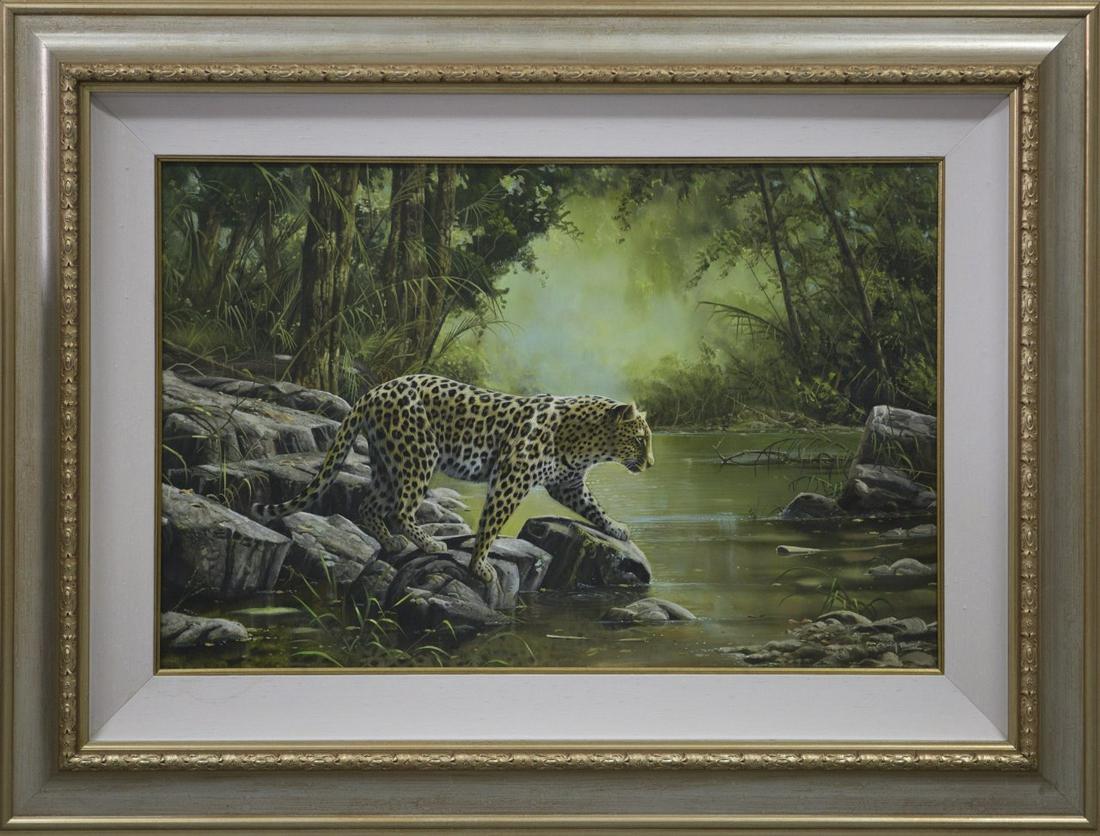 CRAIG BONE 'LEOPARD' OIL CANVAS: Craig Bone (Florida/Zimbabwe, b. 1955) oil painting on canvas depicting a African jungle landscape featuring a leopard approaching a river. Signed lower right. Measures 33 1/4 x 21 1/4" + 6 3/4" frame