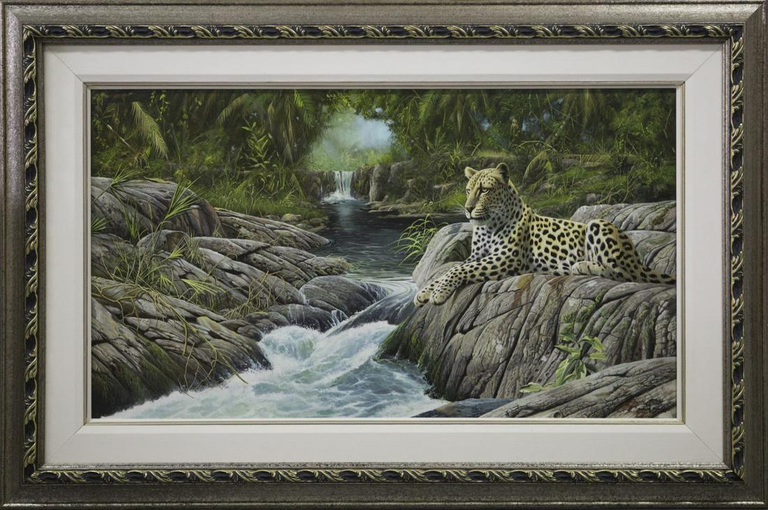 CRAIG BONE 'KING OF THE RIVER' OIL ON CANVAS: Craig Bone (Florida/Zimbabwe, b. 1955) oil painting on canvas depicting a jungle landscape featuring a leopard and waterfall. Titled 'King of the River' Signed lower right. Measures 45 1/2" x 26" + 7"