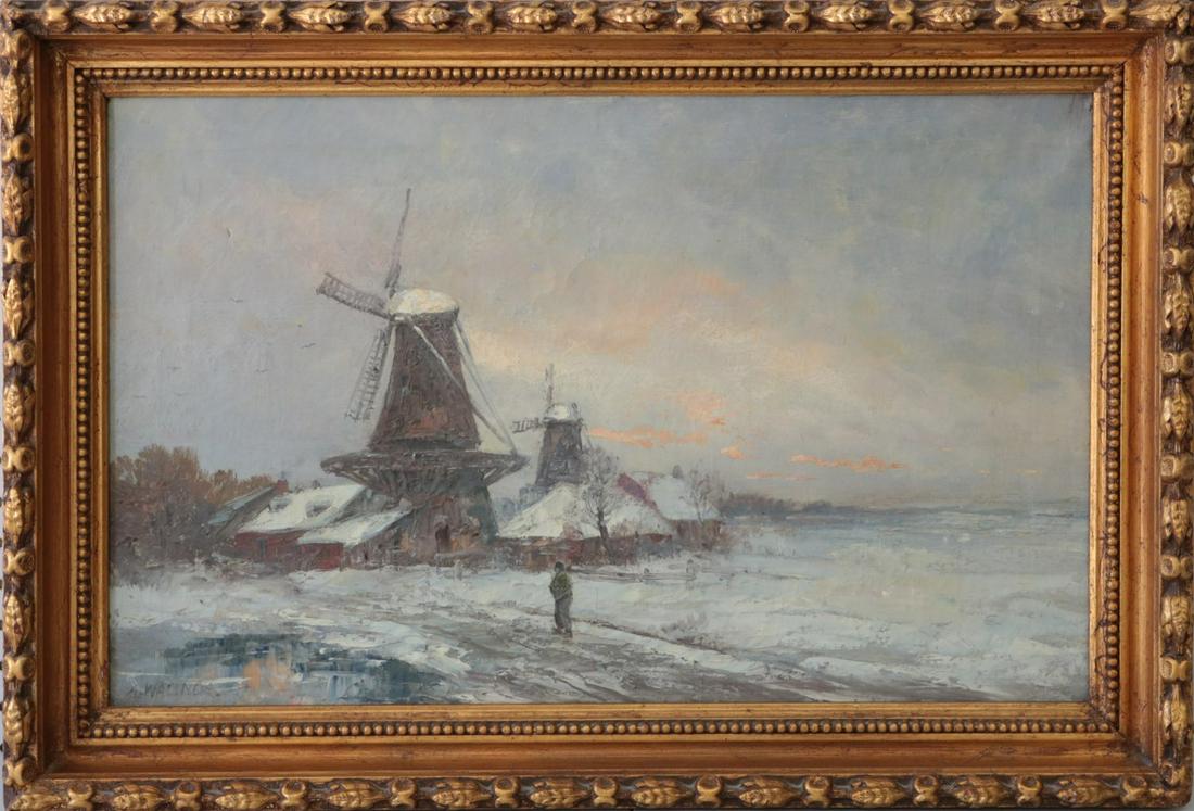 ANTON WALLNER LANDSCAPE OIL PAINTING ON CANVAS: Anton Wallner (German, 1801-1863) oil painting on canvas depicting a snowy landscape with windmills and a single figure. Signed lower left. Measures 21 1/2" x 14" + 2 1/4" frame.