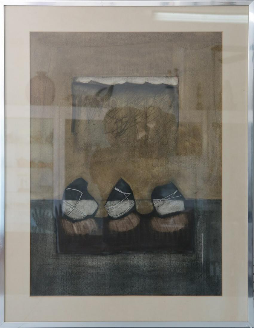 RAMON CARULLA 'LIFE BOUNDARIES 3' OIL ON PAPER: Ramon A Carulla (Cuban/American, b. 1936) oil painting on paper with collage elements. Titled 'Life Boundaries #3'. Signed lower right. Holds Virginia Miller Galleries label to verso. Measures 29 1/4"