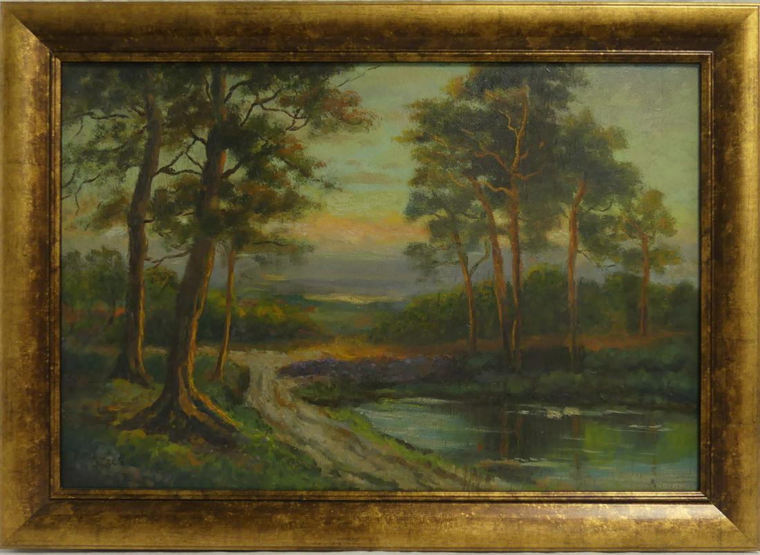 THEODORE CLEMENT STEELE SIERRA SUNSET OIL ON BOARD: Oil painting on wood panel depicting a landscape scene after Theodore Clement Steele (American, 1847-1926). Titled 'Sierra Sunset'. Signed lower left. Inscribed Steele and dated 1900 to verso. Measure