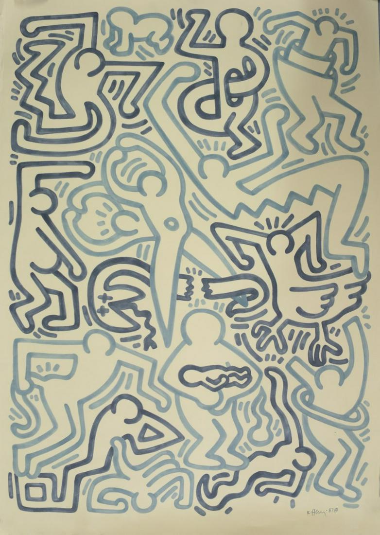 KEITH HARING MARKER DRAWING ON PAPER: Marker drawing on paper depicting various abstract figures and a broken snake in the manner of Keith Haring. Pencil signed and dated 1987 lower right. Measures 39 1/4" x 27 1/2".