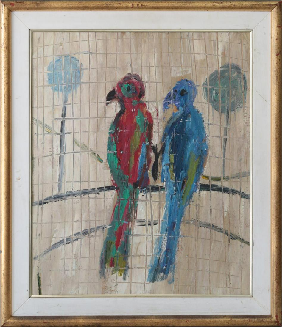 OIL PAINTING ON BOARD OF BIRDS SIGNED: Oil painting on wood panel depicting a pair of perched birds in a cage. Signed Hunt Slonem and dated 1989 to verso. Measures 22 1/2" x 18 1/2" + 2 3/4" frame.