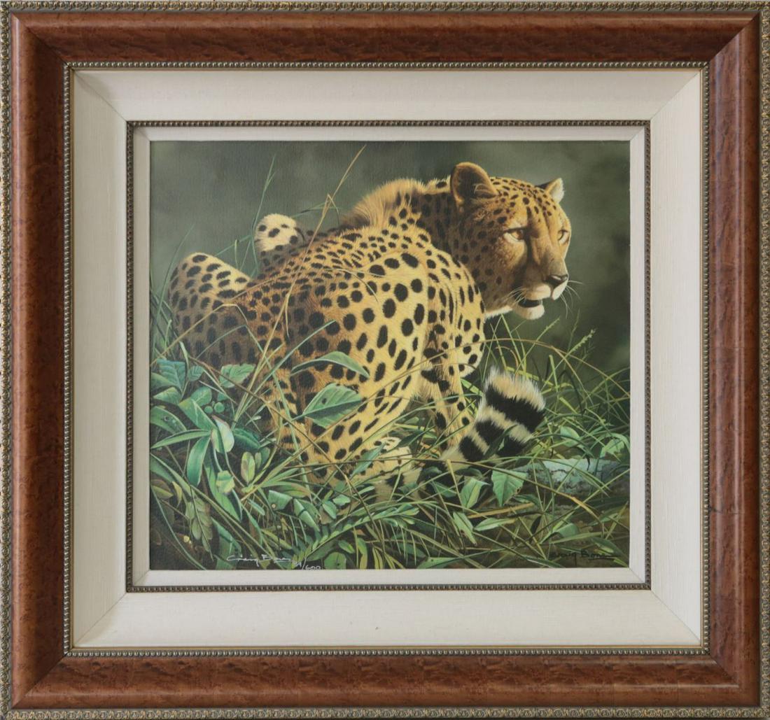 CRAIG BONE 'SILENT PREDATOR' GICLEE ON CANVAS: Craig Bone (Florida/Zimbabwe, b. 1955) limited edition linograph on canvas depicting a cheetah. Hand signed lower left and numbered 39/600. Measures 19 1/4" x 17 1/2" + 5 1/4" frame.