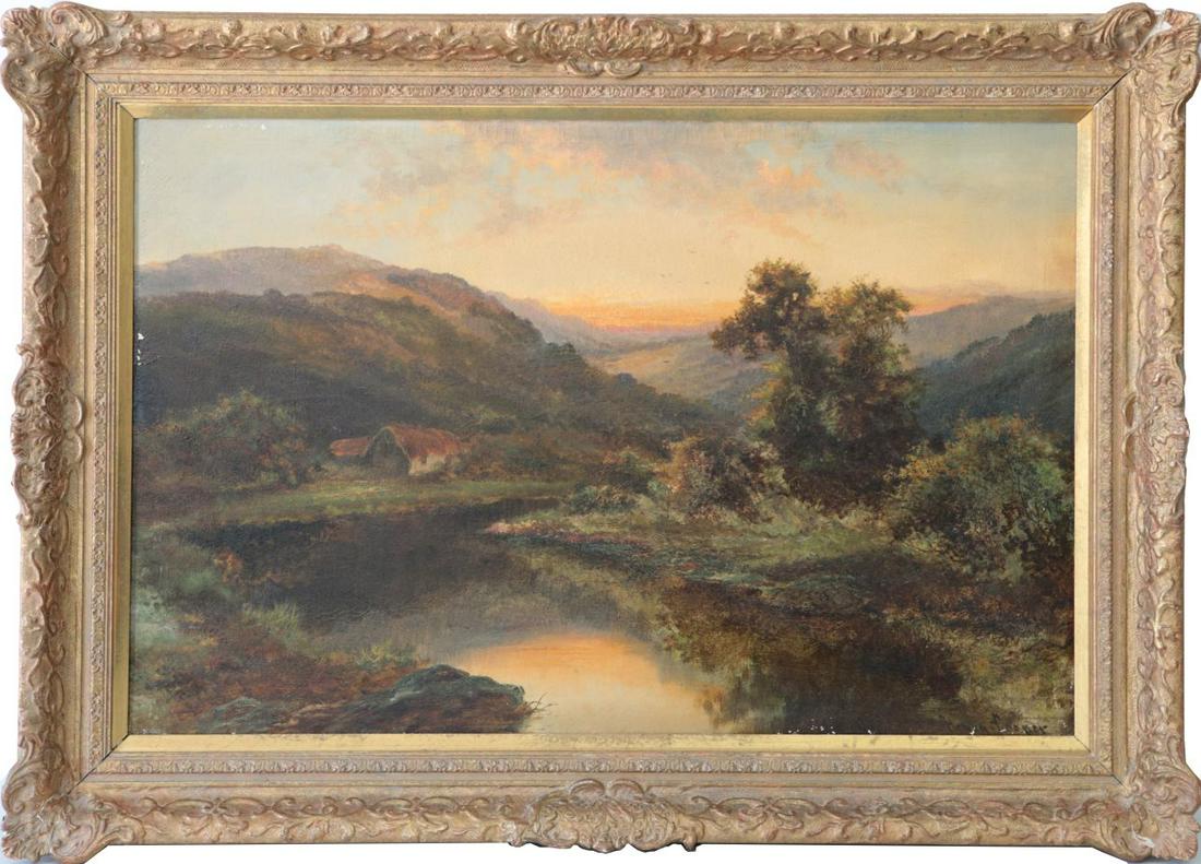 HENRY COOPER BRITISH OIL PAINTING ON CANVAS: Henry Cooper (British, fl.1910-1935) oil painting on canvas depicting a landscape scene with cottage and stream and mountains in the background. Signed lower right. Measures 29 1/2" x 19 3/4" + 3 1/4"