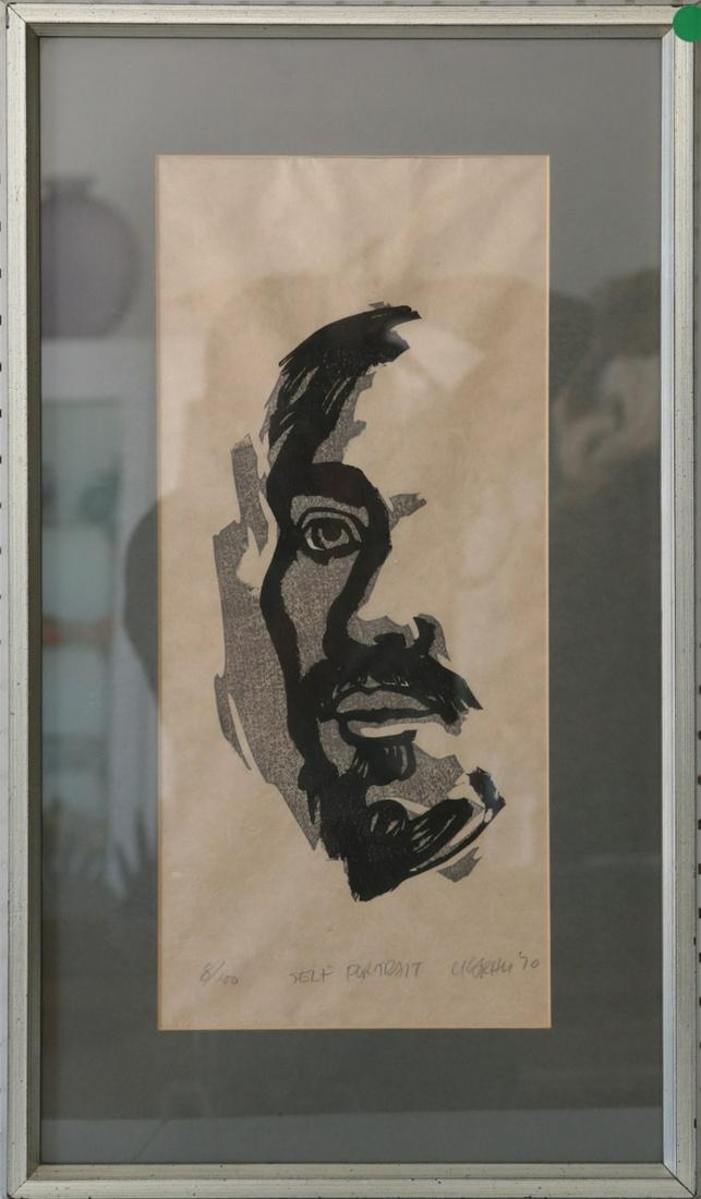 CLIFTON KARHU 'SELF PORTRAIT' WOODBLOCK PRINT: Clifton Karhu (American, 1927-2007) woodblock print. Pencil signed lower right. Titled 'Self Portrait' lower center and numbered 8/100 lower left. Measures 18" x 8" + 3 1/4" mat & frame.
