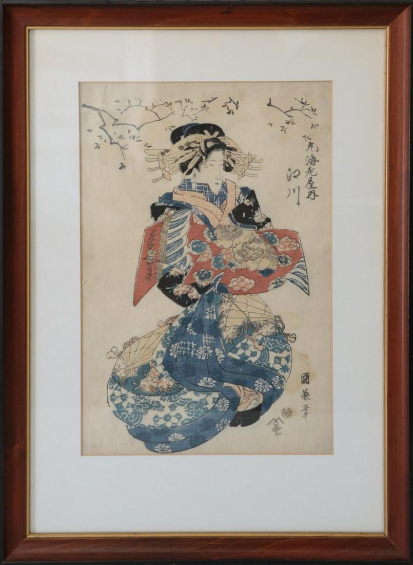 KUNIKANE JAPANESE WOODBLOCK PRINT: Kunikane (Japanese, 1838-1900) Japanese woodblock print. Signed lower right. Edo Period. Holds Yamatoya Fine Art Gallery label to verso. Measures 13 1/4" x 8 3/4" + 3 1/2" mat & frame.
