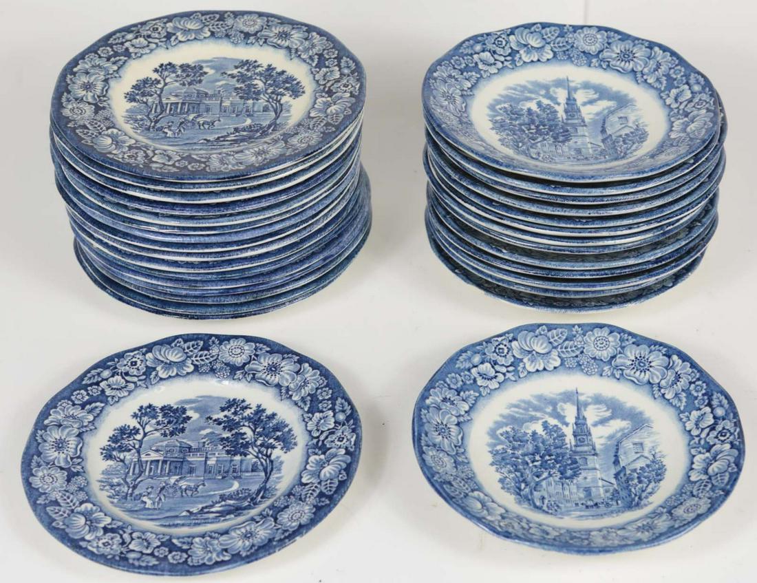 31pc STAFFORDSHIRE 'LIBERTY BLUE' IRONSTONE DISHES: 31 Staffordshire Liberty Blue transferware dishes with historic scenes. Each marked to underside and measures 5 7/8" diameter.