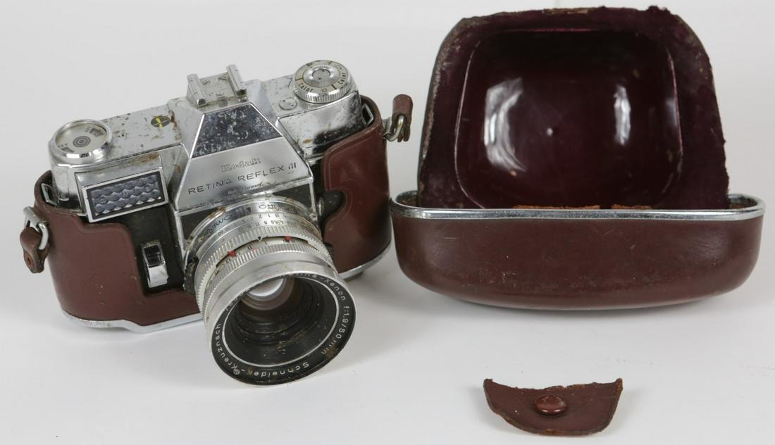 KODAK RETINA REFLEX III CAMERA: Kodak Retina Reflex III 35mm SLR camera. Made in Germany. Circa early 1960's. Includes case. Measures 6" width x 4 3/4" depth.