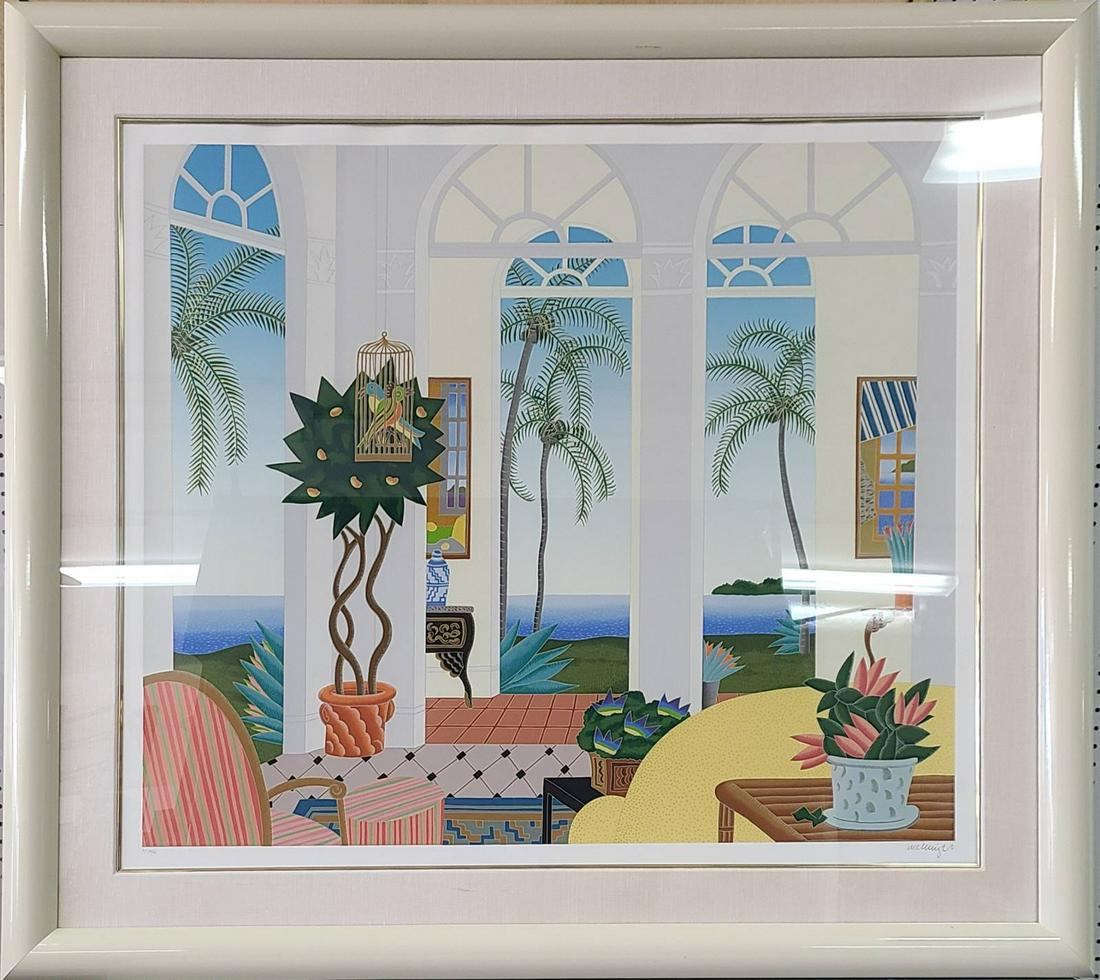 THOMAS MCKNIGHT 'PALM BEACH' SERIGRAPH: Thomas Mcknight serigraph depicting an interior scene in Palm Beach. Pencil signed lower right. Numbered PP 36/40 lower left. Measures 41 3/4" x 36 3/4" + 5 1/2" mat & frame.